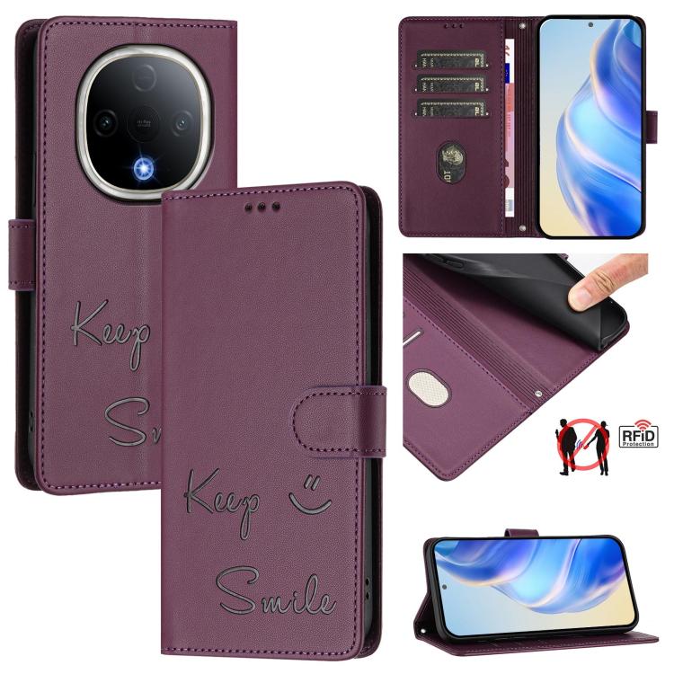 Smile Embossing RFID Leather Phone Case, For vivo Y39 5G Global, For vivo V50 Lite 5G, For vivo Y29s 5G / Y04 4G Global, For vivo Y29 4G Global, For vivo V50 5G Global, For vivo Y300 5G
