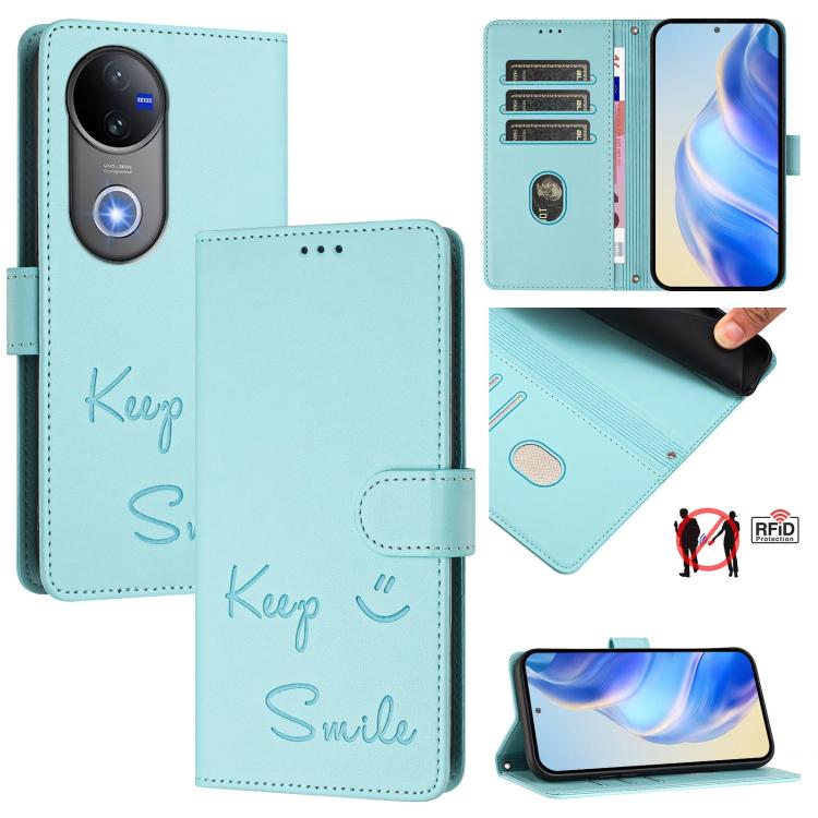 Smile Embossing RFID Leather Phone Case, For vivo Y39 5G Global, For vivo V50 Lite 5G, For vivo Y29s 5G / Y04 4G Global, For vivo Y29 4G Global, For vivo V50 5G Global, For vivo Y300 5G