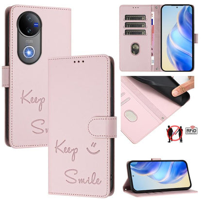 Smile Embossing RFID Leather Phone Case, For vivo Y39 5G Global, For vivo V50 Lite 5G, For vivo Y29s 5G / Y04 4G Global, For vivo Y29 4G Global, For vivo V50 5G Global, For vivo Y300 5G