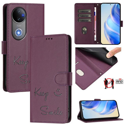 Smile Embossing RFID Leather Phone Case, For vivo Y39 5G Global, For vivo V50 Lite 5G, For vivo Y29s 5G / Y04 4G Global, For vivo Y29 4G Global, For vivo V50 5G Global, For vivo Y300 5G
