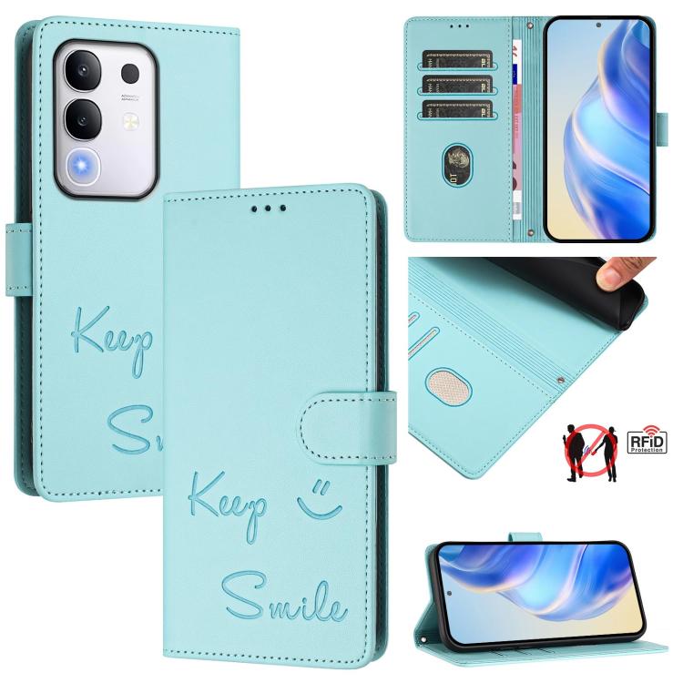 Smile Embossing RFID Leather Phone Case, For vivo Y39 5G Global, For vivo V50 Lite 5G, For vivo Y29s 5G / Y04 4G Global, For vivo Y29 4G Global, For vivo V50 5G Global, For vivo Y300 5G