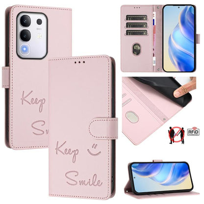 Smile Embossing RFID Leather Phone Case, For vivo Y39 5G Global, For vivo V50 Lite 5G, For vivo Y29s 5G / Y04 4G Global, For vivo Y29 4G Global, For vivo V50 5G Global, For vivo Y300 5G