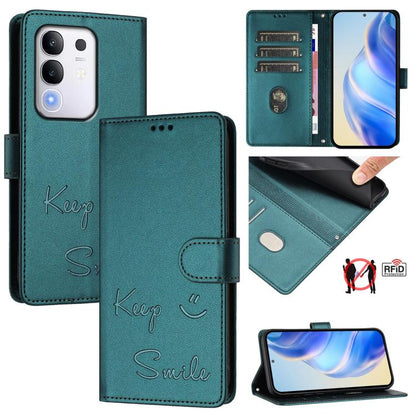 Smile Embossing RFID Leather Phone Case, For vivo Y39 5G Global, For vivo V50 Lite 5G, For vivo Y29s 5G / Y04 4G Global, For vivo Y29 4G Global, For vivo V50 5G Global, For vivo Y300 5G