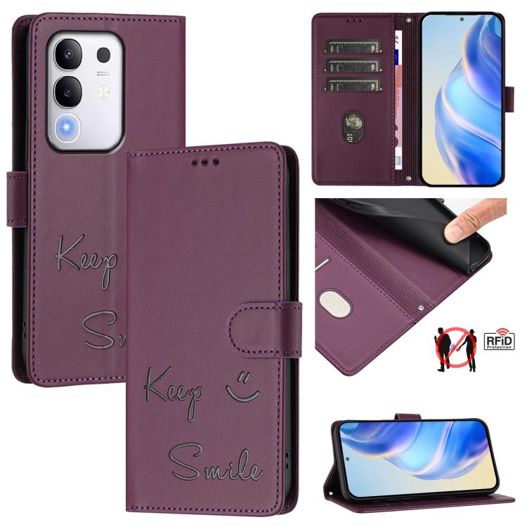 Smile Embossing RFID Leather Phone Case, For vivo Y39 5G Global, For vivo V50 Lite 5G, For vivo Y29s 5G / Y04 4G Global, For vivo Y29 4G Global, For vivo V50 5G Global, For vivo Y300 5G