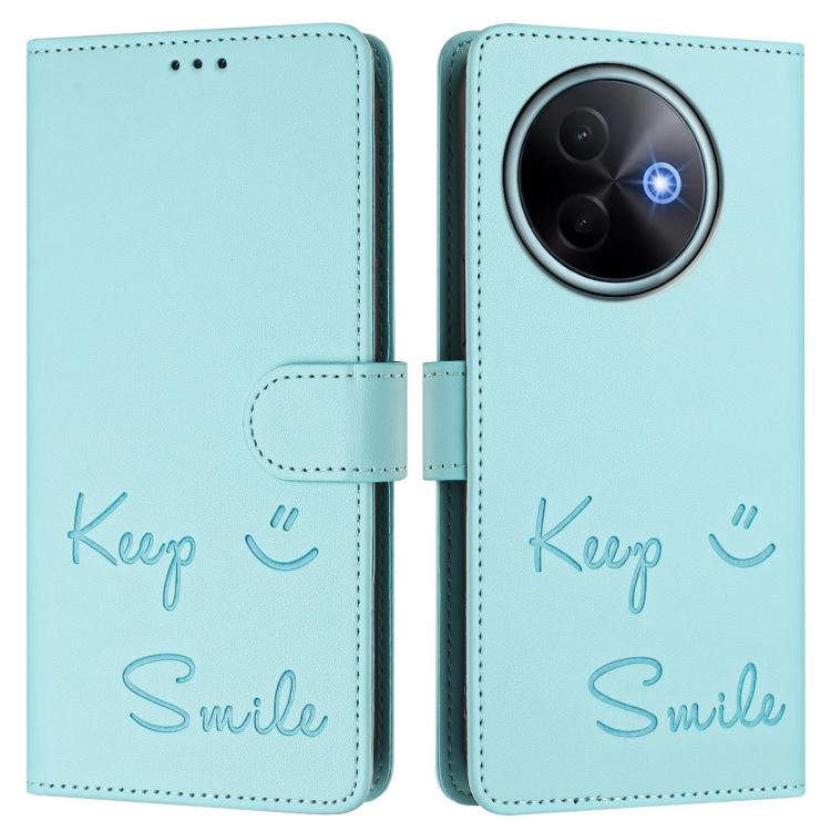 Smile Embossing RFID Leather Phone Case, For vivo Y39 5G Global, For vivo V50 Lite 5G, For vivo Y29s 5G / Y04 4G Global, For vivo Y29 4G Global, For vivo V50 5G Global, For vivo Y300 5G