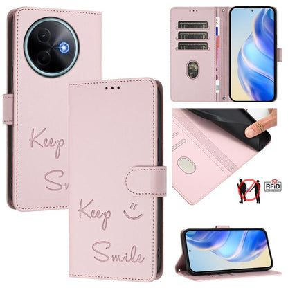 Smile Embossing RFID Leather Phone Case, For vivo Y39 5G Global, For vivo V50 Lite 5G, For vivo Y29s 5G / Y04 4G Global, For vivo Y29 4G Global, For vivo V50 5G Global, For vivo Y300 5G