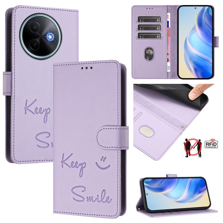 Smile Embossing RFID Leather Phone Case, For vivo Y39 5G Global, For vivo V50 Lite 5G, For vivo Y29s 5G / Y04 4G Global, For vivo Y29 4G Global, For vivo V50 5G Global, For vivo Y300 5G