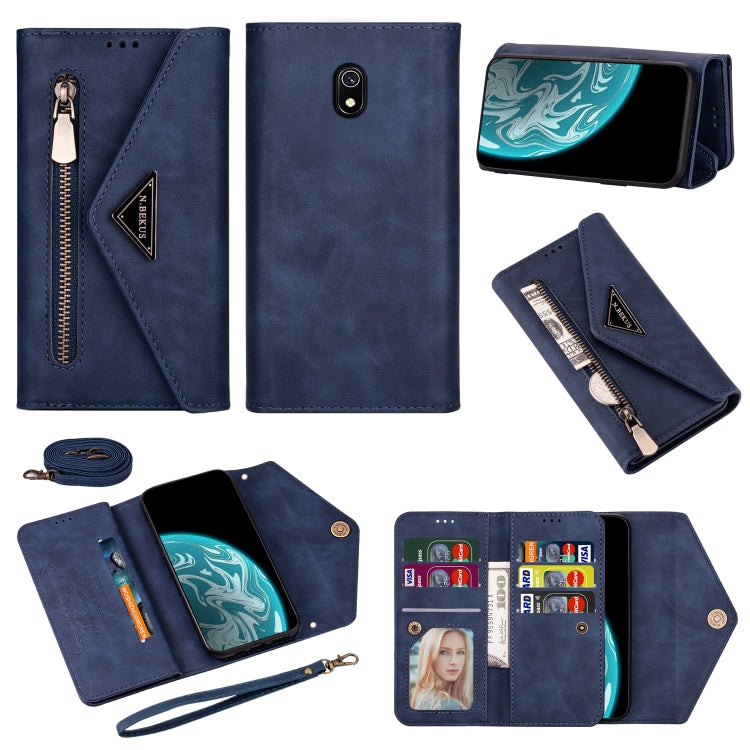 Blue zipper flip leather phone case with card holder, photo window, and long rope strap