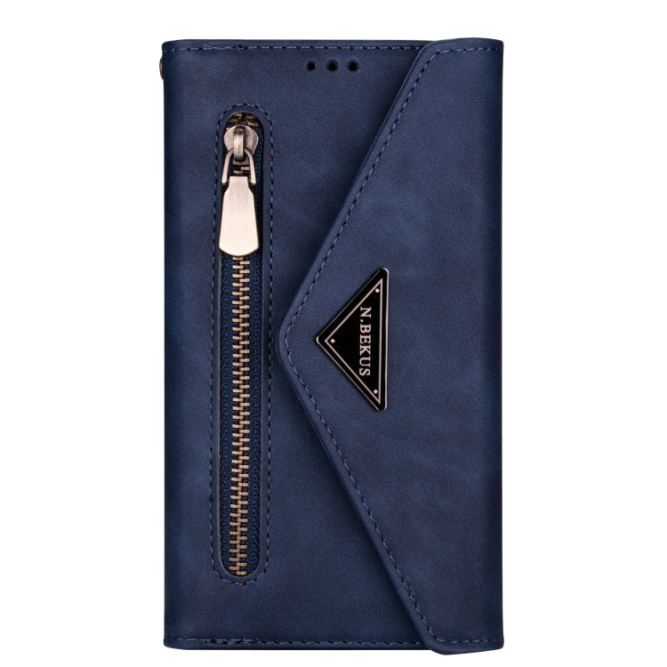 Blue vertical zipper leather phone case with brand patch and cutout details