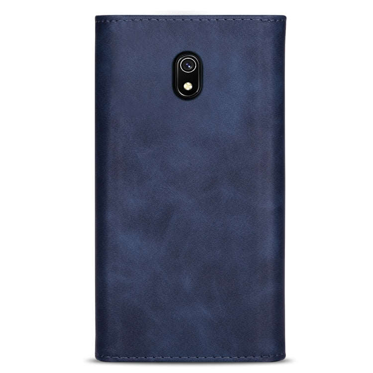 Blue leather phone case back with camera cutout and stitched edges