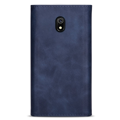 Blue leather phone case back with camera cutout and stitched edges