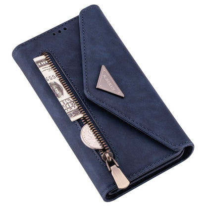 Blue zipper flip leather phone case with interior card pocket and long strap loop