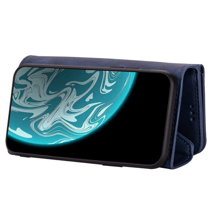 Blue leather flip phone case holding a phone with visible screen design