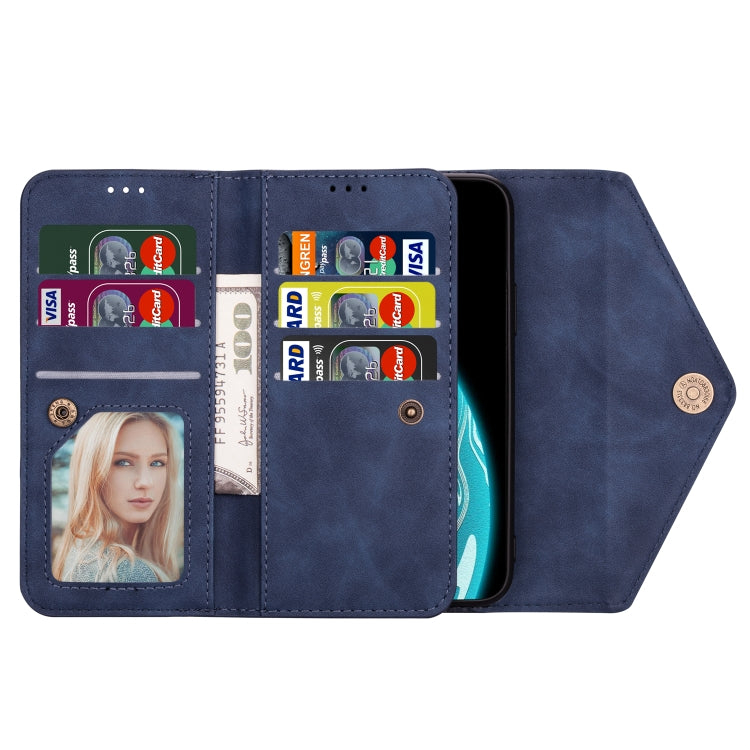 Blue open flip leather phone case with card slots and photo frame window