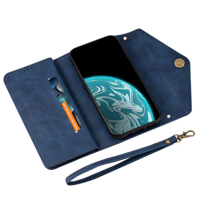 Blue flip leather phone case with card slots, phone holder, and wrist strap