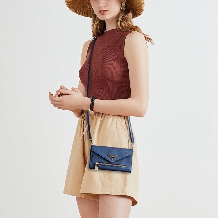 Blue leather flip phone case with long rope strap worn crossbody