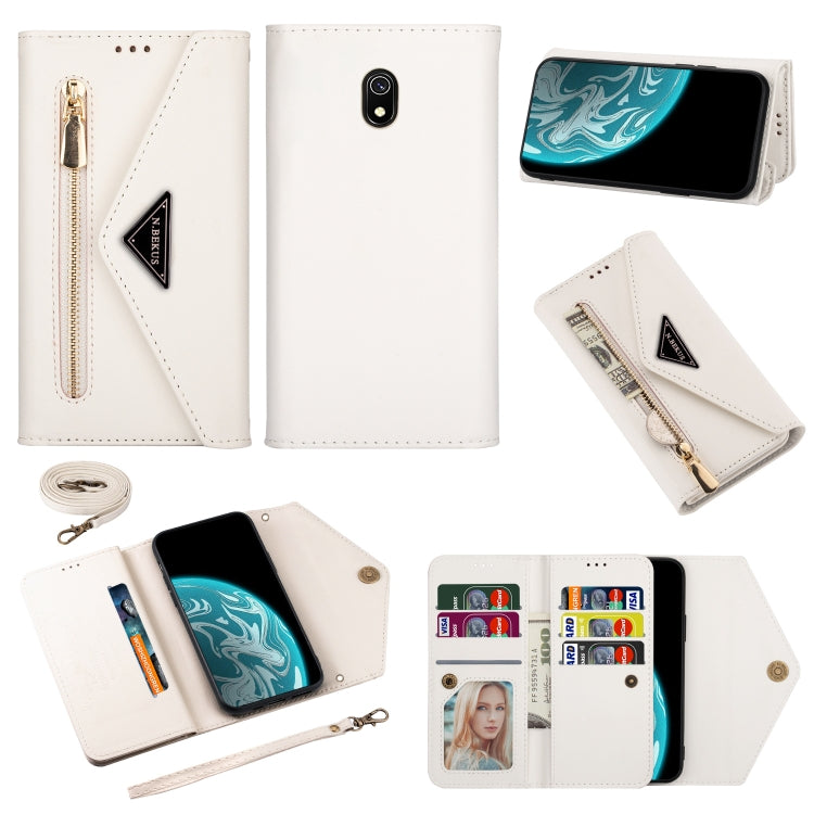 White leather flip phone case with zipper, card slots, photo window; lanyard included