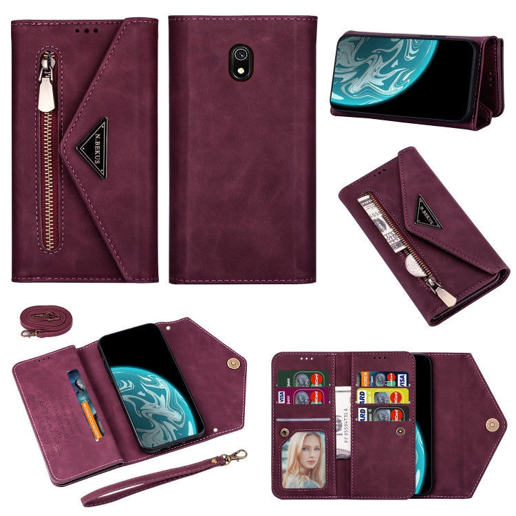 Wine red leather flip phone case with zipper, card slots, photo window; lanyard included