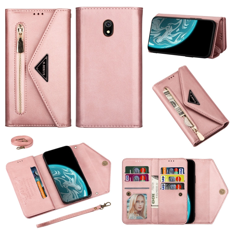 Rose pink leather flip phone case with zipper, card slots, photo window; lanyard included