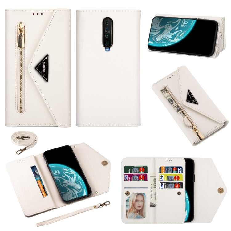 White leather flip phone case with zipper, card slots, photo window; lanyard included