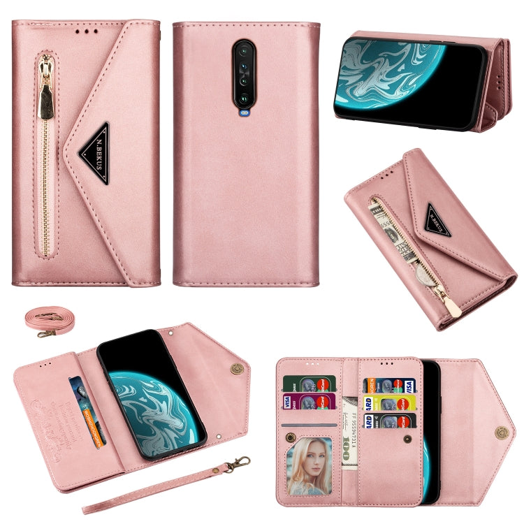 Rose pink leather flip phone case with zipper, card slots, photo window; lanyard included