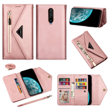 Rose pink leather flip phone case with zipper, card slots, photo window; lanyard included
