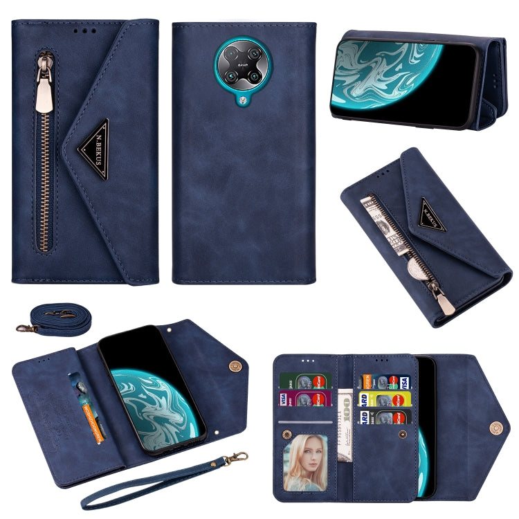 Blue leather flip phone case with zipper, card slots, lanyard rope, and photo frame