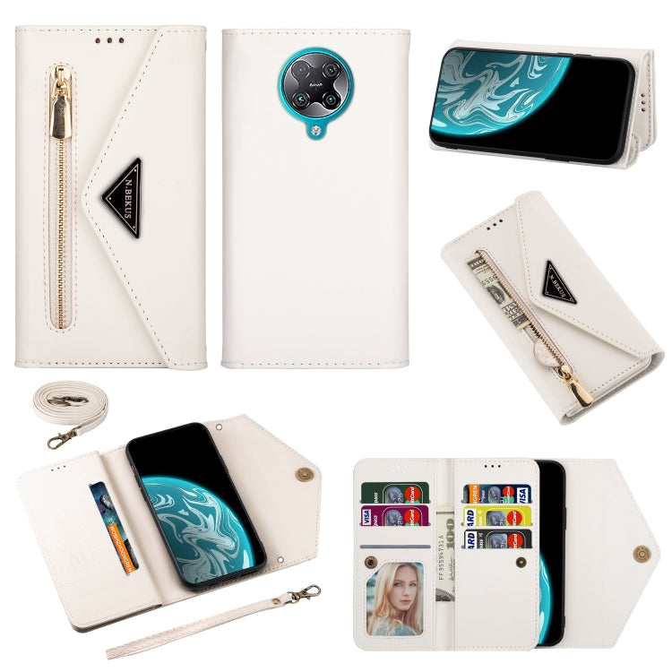 White leather flip phone case with zipper, card slots, lanyard rope, and photo frame