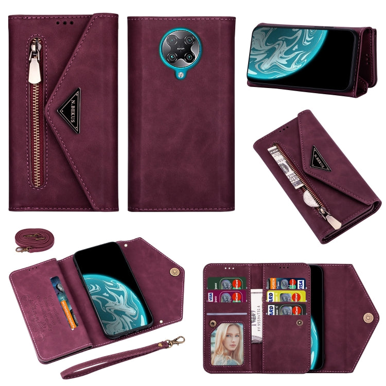 Wine red leather flip phone case with zipper, card slots, lanyard rope, and photo frame