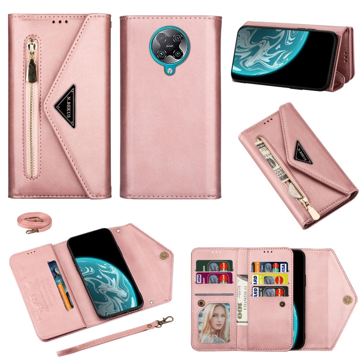 Rose gold leather flip phone case with zipper, card slots, lanyard rope, and photo frame