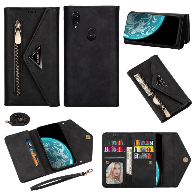 Black leather flip phone case with card slots, lanyard rope, and zipper pocket