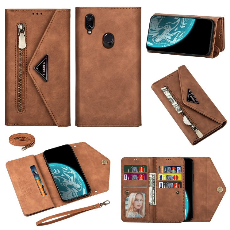 Brown leather flip phone case with card slots, lanyard rope, and zipper pocket