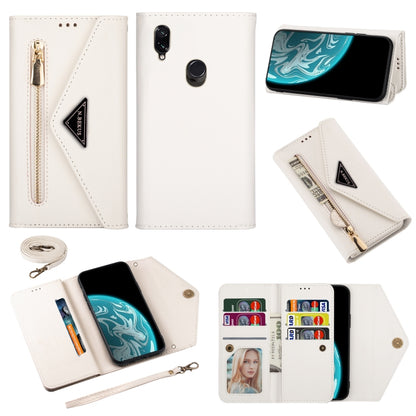 White leather flip phone case with card slots, lanyard rope, and zipper pocket