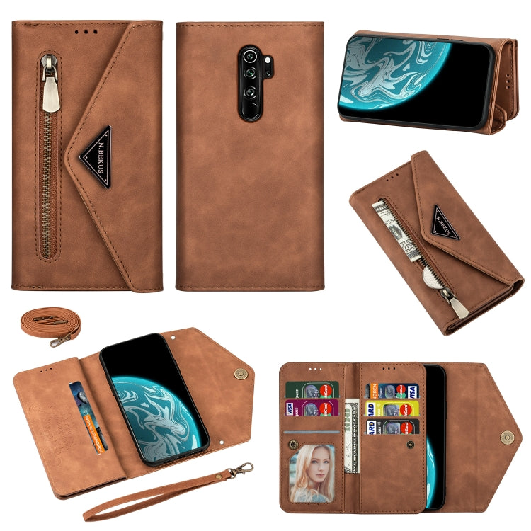 Brown leather wallet phone case with zipper, card slots, and lanyard strap.