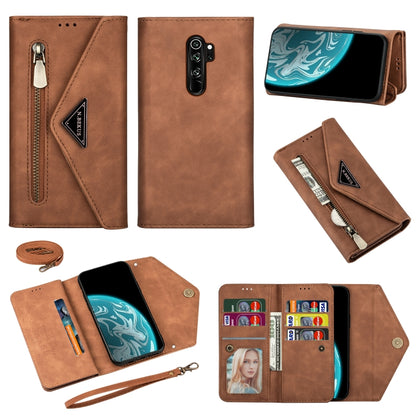 Brown leather wallet phone case with zipper, card slots, and lanyard strap.