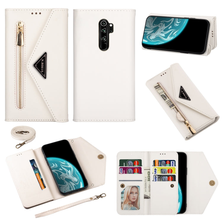 White leather wallet phone case with zipper, card slots, and lanyard strap.