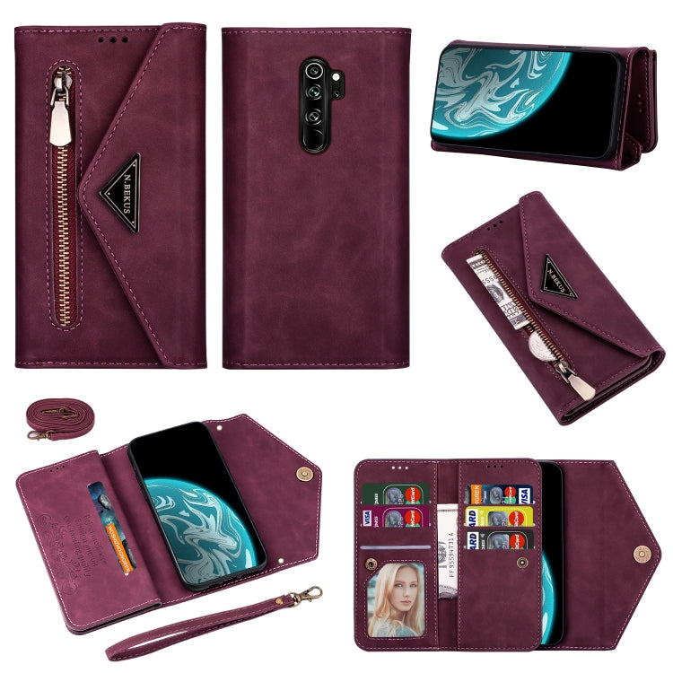 Burgundy leather wallet phone case with zipper, card slots, and lanyard strap.