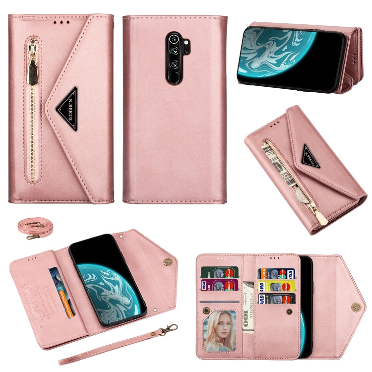 Rose pink leather wallet phone case with zipper, card slots, and lanyard strap.