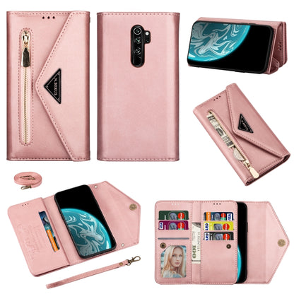 Rose pink leather wallet phone case with zipper, card slots, and lanyard strap.