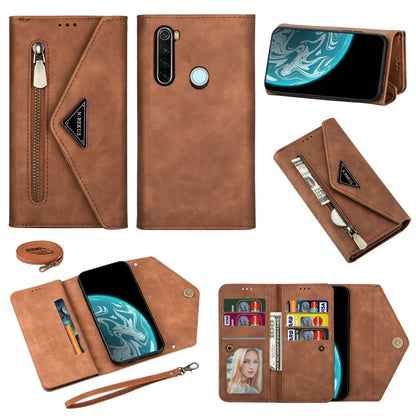 Brown leather flip phone case with zipper and card slots, phone holder and lanyard rope.