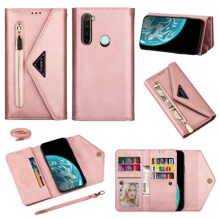 Rose pink leather flip phone case with zipper and card slots, plus phone holder.