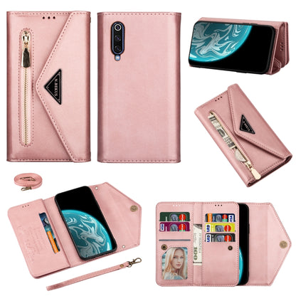 Light pink leather flip wallet case with zipper, card slots, and photo window insert.