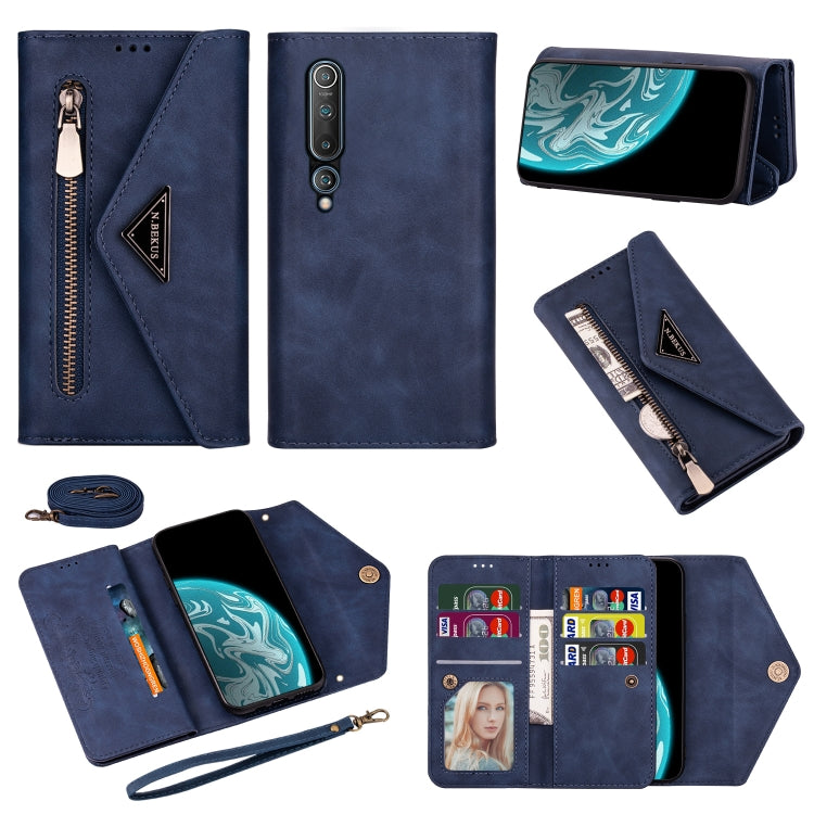 Blue leather wallet phone case with zipper, card slots, photo window, and lanyard strap