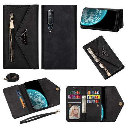 Black leather wallet phone case with zipper, card slots, photo window, and wrist lanyard