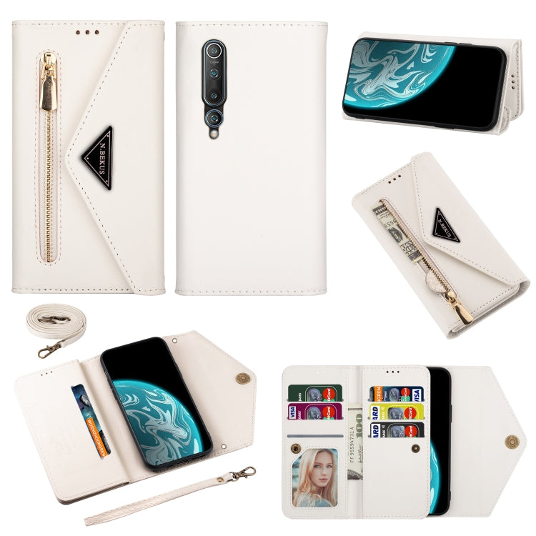 White leather wallet phone case with zipper, card slots, photo window, and lanyard strap