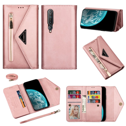 Rose gold leather wallet phone case with zipper, card slots, photo window, and wrist lanyard