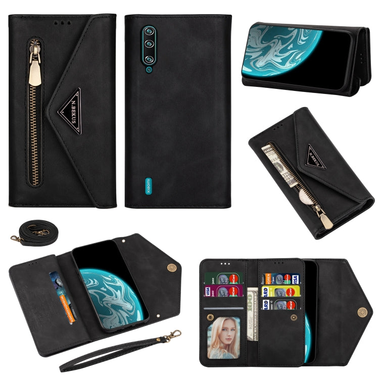 Black leather flip wallet phone case with zipper, card slots, photo window, and strap