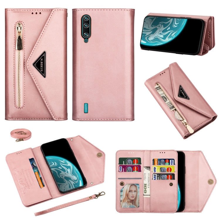Pink leather phone wallet case with zipper, card slots, photo window, and lanyard strap