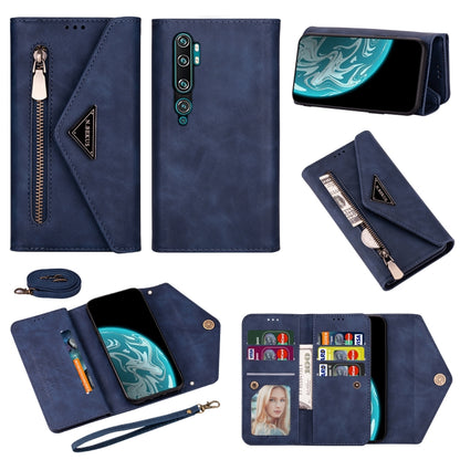 Navy leather phone wallet case with zipper, card slots, photo window, and lanyard strap