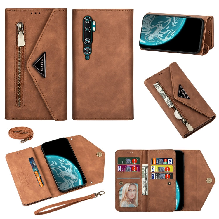 Brown leather phone wallet case with zipper, card slots, photo window, and lanyard strap